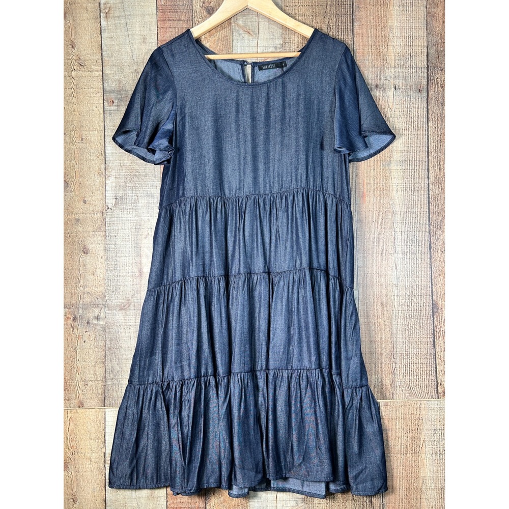 Mikarose Dark Denim Rayon Tiered Flutter Sleeve Modest Peyton Dress Medium NWT